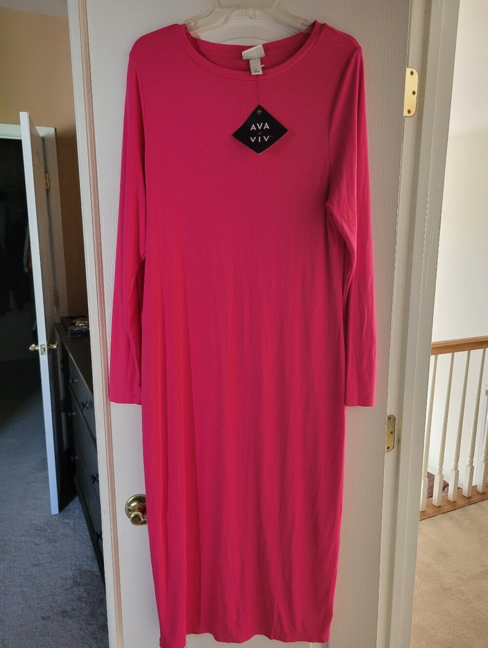 AVA & VIV Pink Knit A-Line Maxi Dress 1X Plus Long Sleeve Round Neck NWT
